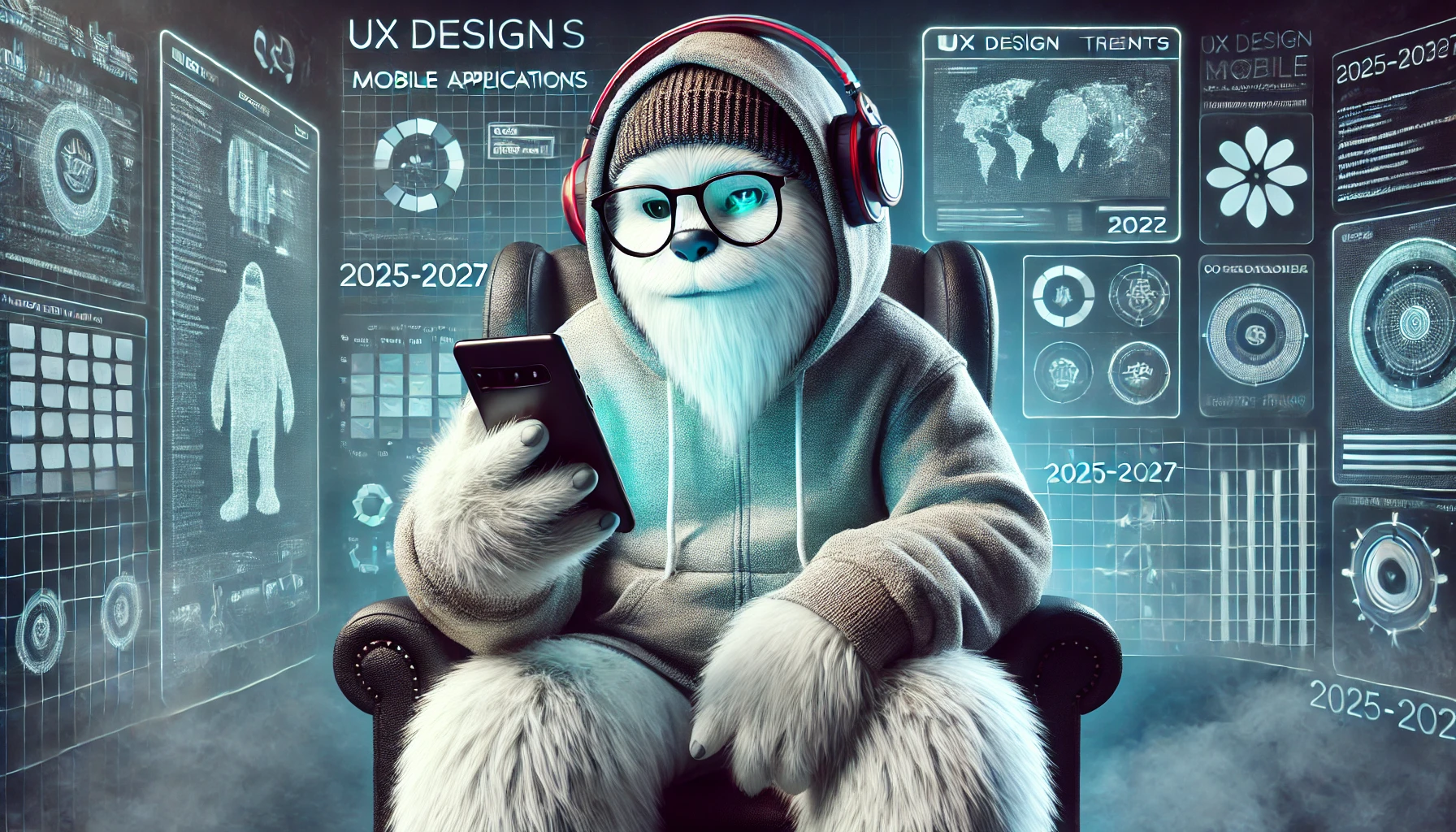 Image: DALL·E 2025-02-26 10.55.06 - A modern Yeti (snowman) depicted as a tech-savvy IT professional, sitting comfortably while using a smartphone. The Yeti wears stylish glasses, a hood.png